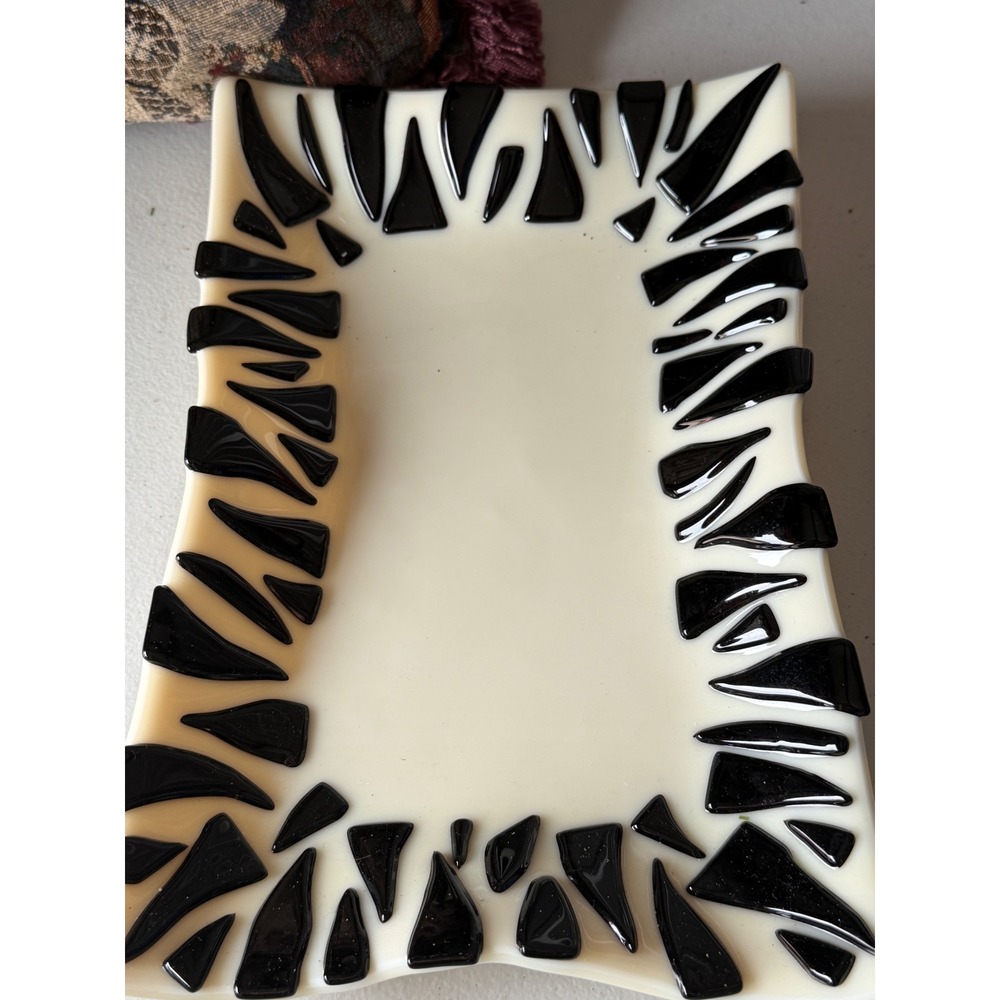 Handmade Fused Glass Zebra Pattern Tray Cream and Black Decorative Art Dish